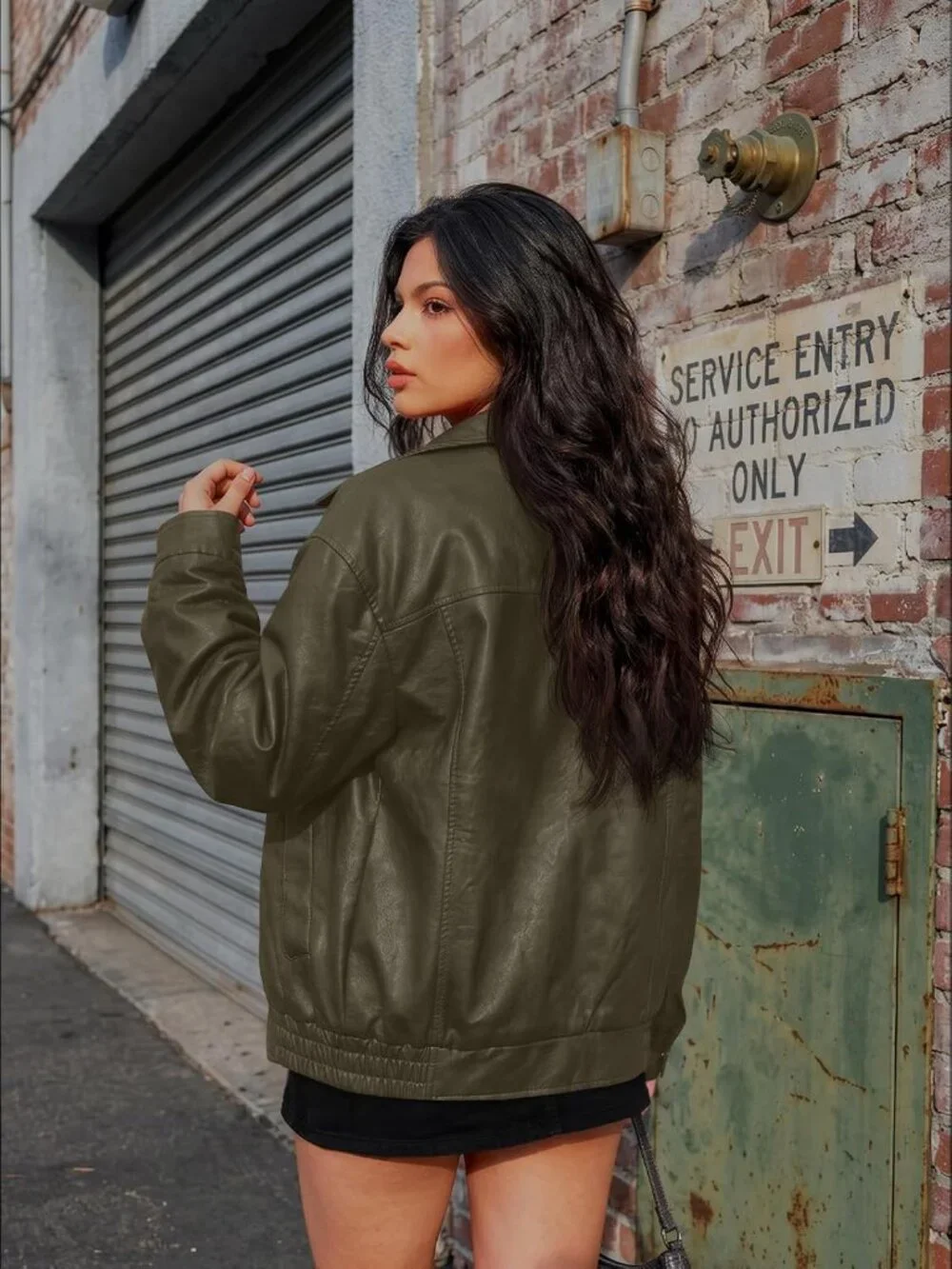 Women Army Green Oversized Faux Leather Loose Weight Fal Winter Outerwear Jacket